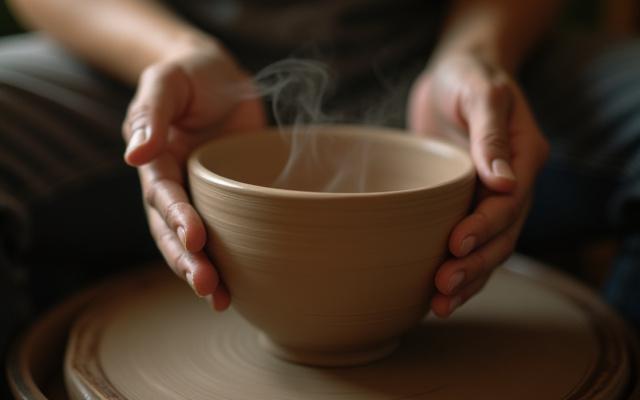 Ein ruhiges Bild von Händen, die sanft eine Keramikschale formen, in der Mitte ein sanfter Fokus des Tons, um die meditative Kraft des Töpferns zu vermitteln.