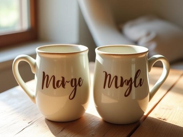 Set von Keramiktassen mit individuell kalligraphierten Initialen als Geschenkidee