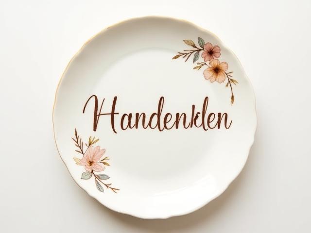 Dekorativer Keramikteller mit kalligraphierten Namen und Blumenmotiven