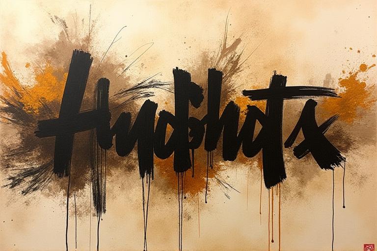 Experimentelle Kalligraphie mit dicken Pinselstrichen und abstrakten Formen auf rauer Oberfläche