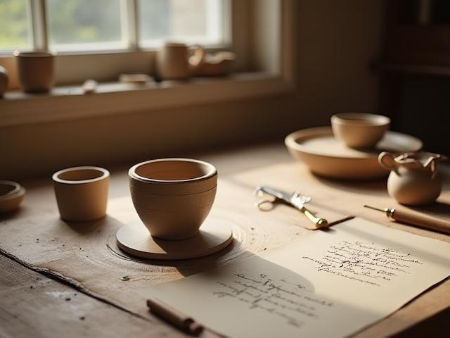 Töpferscheibe mit geformtem Ton und Kalligraphiewerkzeuge auf einem Holztisch, im Hintergrund sanft beleuchtet