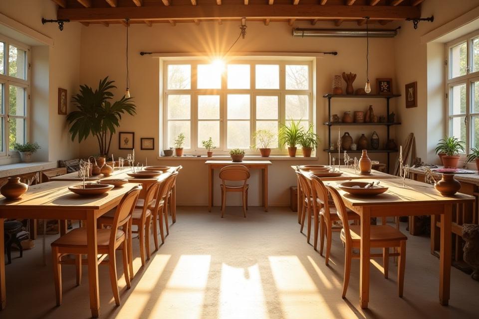 Ein schön beleuchtetes Atelier mit Töpferscheiben und Kalligraphie-Arbeitsplätzen