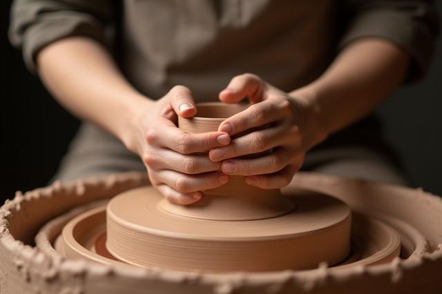 Konzentrierte Hände formen Ton auf einer Töpferscheibe, mit weichem Licht am Arbeitsplatz.