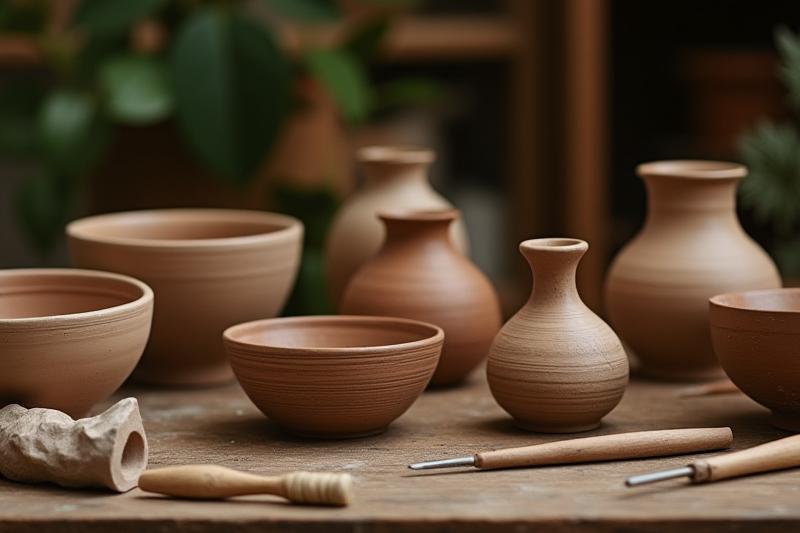 Keramikkunstwerke und Tonwerkzeuge auf einem Holztisch, bereit für einen Töpferkurs, mit beruhigender Atmosphäre.