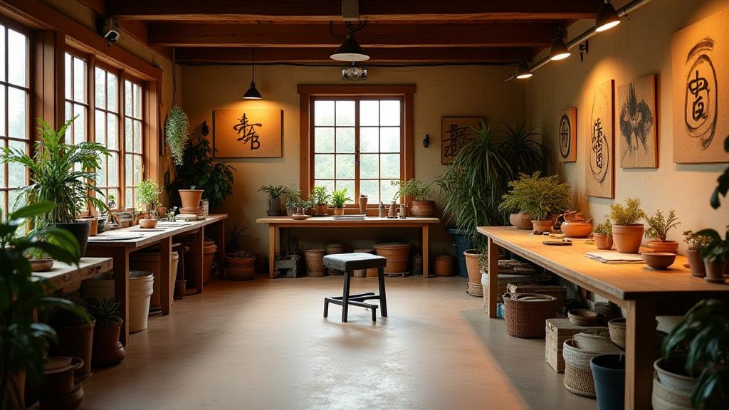 Warme und einladende Gesamtansicht des kunstvollen Keramik- und Kalligraphiestudios