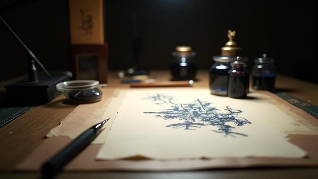 Nahaufnahme von Kalligraphie-Tischen mit Tintenfässern, Federn und Schreibmaterialien
